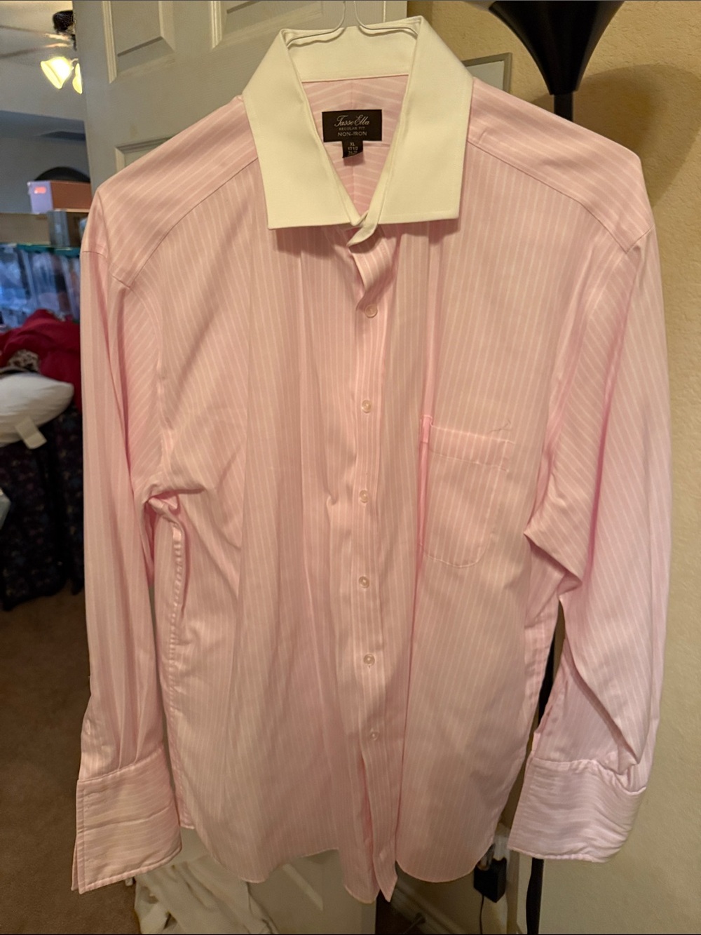 Tasso Elba Pink Stripe Dress Shirt with White Contrast Collar and French Cuffs.
